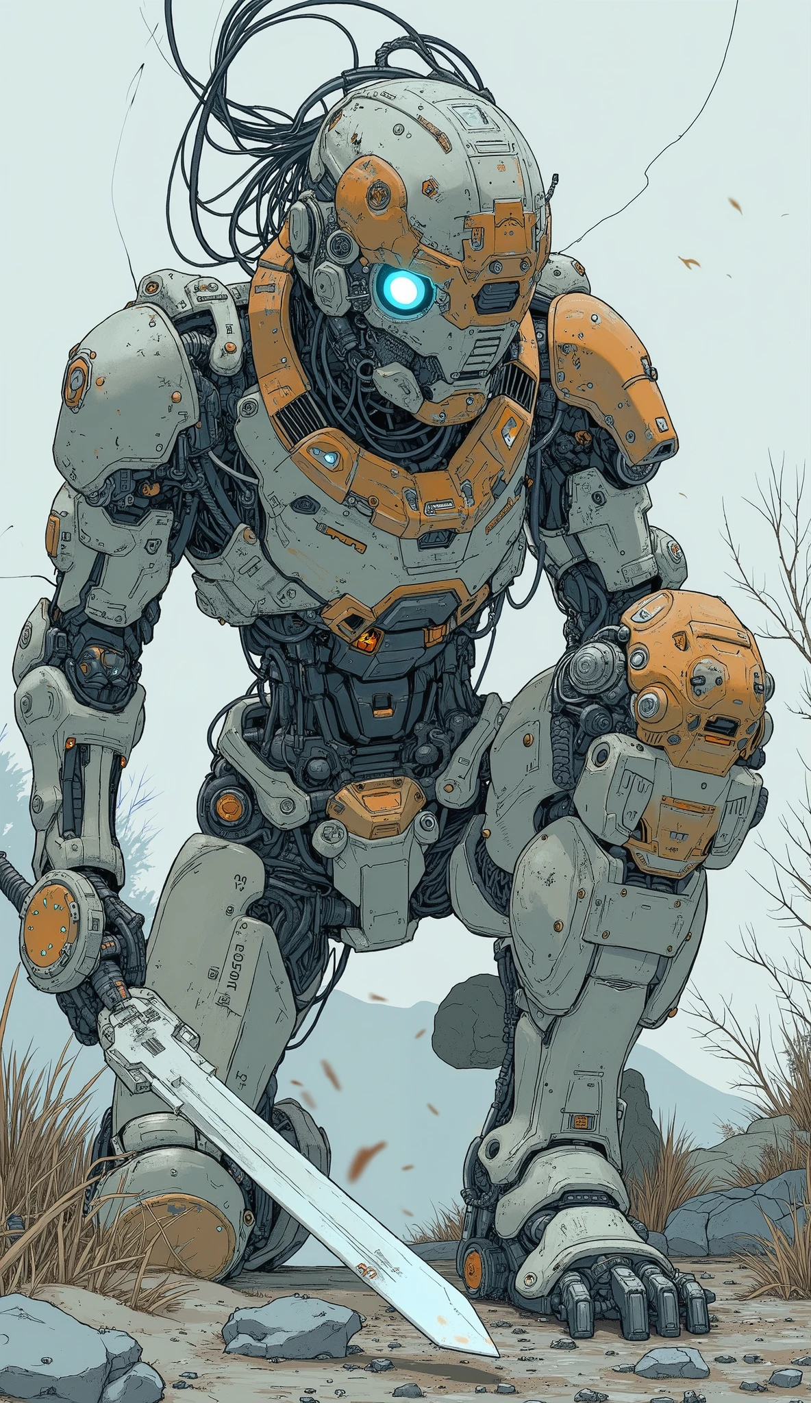Futuristic, heavily armored robot soldier with advanced exoskeleton suit 、 Gundam Barbatos-like silhouette 、 Gundam Barbatos-like design with mixed mechanical and cyborg elements, dark, Rugged, battle-experienced exterior . The suit consists of metal plates , Complex wiring, numerous technical enhancements 、White and orange coloring 、 helmet is designed like Gundam Barbatos , The wiring that hangs from the helmet 、 looks like long back hair 、 angular design with white glowing eyes , giving it a threatening and advanced technological look . arms and legs are equipped with reinforced armor , hydraulic components , And multiple compartments ,Mr.々 blue luminescent lights and mechanical details that create a sci-fi vibe、 full body shot、 with big sword and shield、Eject steam from the freed exoskeleton parts of the whole body、 on the ground with one knee