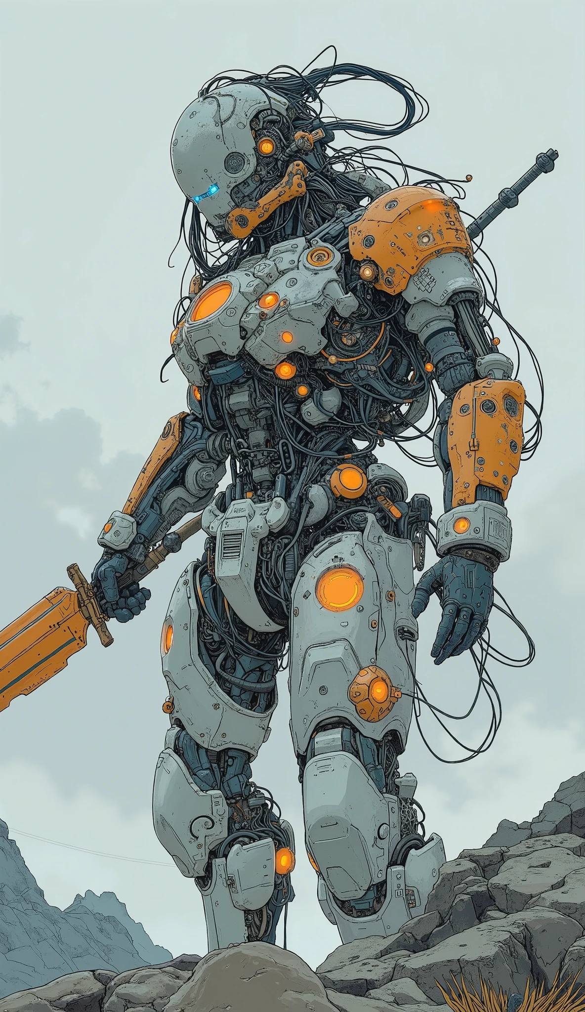 Futuristic, heavily armored robot soldier with advanced exoskeleton suit 、 Gundam Barbatos-like silhouette 、 Gundam Barbatos-like design with mixed mechanical and cyborg elements, dark, Rugged, battle-experienced exterior . The suit consists of metal plates , Complex wiring, numerous technical enhancements 、White and orange coloring 、 helmet is designed like Gundam Barbatos , The wiring that hangs from the helmet 、 looks like long back hair 、 angular design with white glowing eyes , giving it a threatening and advanced technological look . arms and legs are equipped with reinforced armor , hydraulic components , And multiple compartments ,Mr.々 blue luminescent lights and mechanical details that create a sci-fi vibe、 full body shot、 with big sword and shield、Eject steam from the freed exoskeleton parts of the whole body、 on the ground with one knee