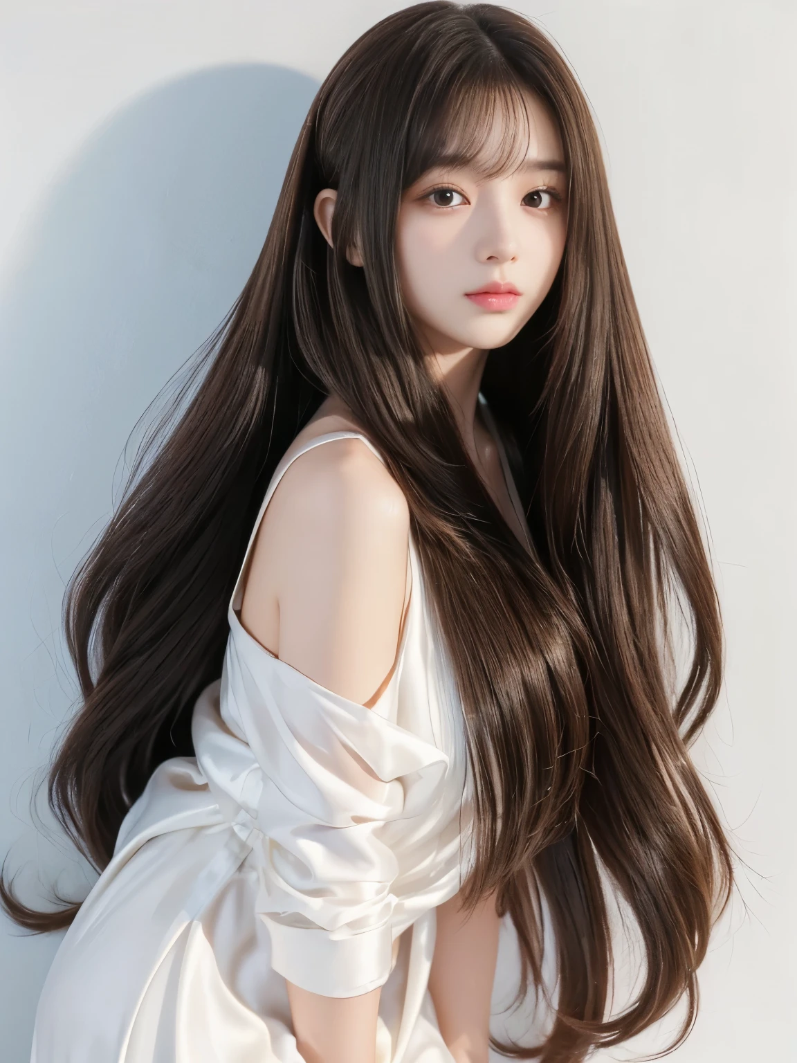 1woman ((Waist up shot:!!!)) (she is in front of a white wall、Random poses showing as much back and hair as possible:1.8) (she looks very confident as she looks at the viewers.:1.8) ((Highest quality)), ((masterpiece)), (family friendly), (Get used to it) ((Her hair is heavy and curly.:1.5)) (((Her hair color is the perfect light brown..:1.8!!))) (Her bangs are neatly trimmed and straight down.:1.5) (Highest qualityの long hair to the ankles!!!!! Highest quality Hair quality with attention to detail long hair to the ankles!!!!!、Very long and lasting hair!!!!! Flowing Hair Her hair is incredibly curly!!! Very shiny and thick hair Abnormally long hair that lasts forever!!!!! Flowing hair on both ends!!!!! long hair to the ankles!!!!! long hair to the ankles!!!!! Thick and shiny hair Very free hair Abnormally long hair!!!!! Beautiful silky hair Beautiful and shiny hair Beautiful and shiny hair Beautiful silky hair long hair to the ankles!!!!! Very long hair!!!!! Very long hair!!!!!) (Highest quality The best ultra-fine long hair to the ankles!!!!!、Very long hair that lasts forever Flowing Hair Her hair is incredibly curly!!! Very shiny and thick hair Abnormally long hair that lasts forever!!!!! Flowing hair on both ends long hair to the ankles!!!!! Thick and shiny hair Very free hair Abnormally long hair!!!!! Beautiful silky hair long hair to the ankles!!!!! Beautiful and shiny hair Beautiful and shiny hair Beautiful silky hair long hair to the ankles!!!!! Very very, Very long hair!!!!! Very very, Very long hair!!!!!) (she is the most beautiful 24-year-old hair model in Japan...........) Perfect woman'face (Her face shape is thinner than average:1.8) (Her eyes are larger than average:1.8 Her nose is higher than average:1.8) (she has a typical Japanese build and skin color..., Her skin is very high quality and ultra high definition.、very beautiful and glowing skin) (Her face is dignified and sexy)(she achieved her sexy look with the help of a professional makeup arti