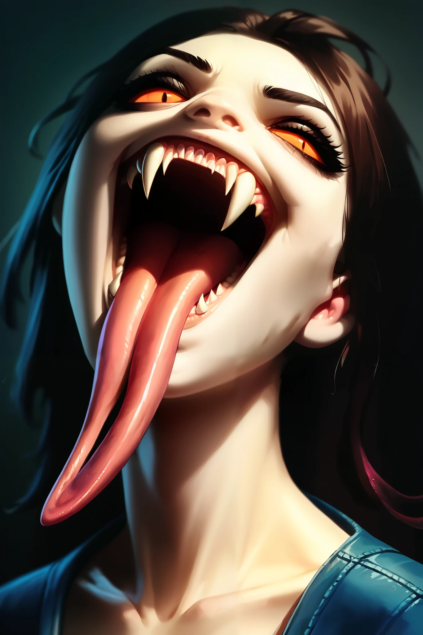 Score _9, Score _8_climb, Score _7_climb, Score _6_climb, Score _5_climb, , perfect fangs, sharp teeth, 1 girl, smileLong tongue , tongue split ,