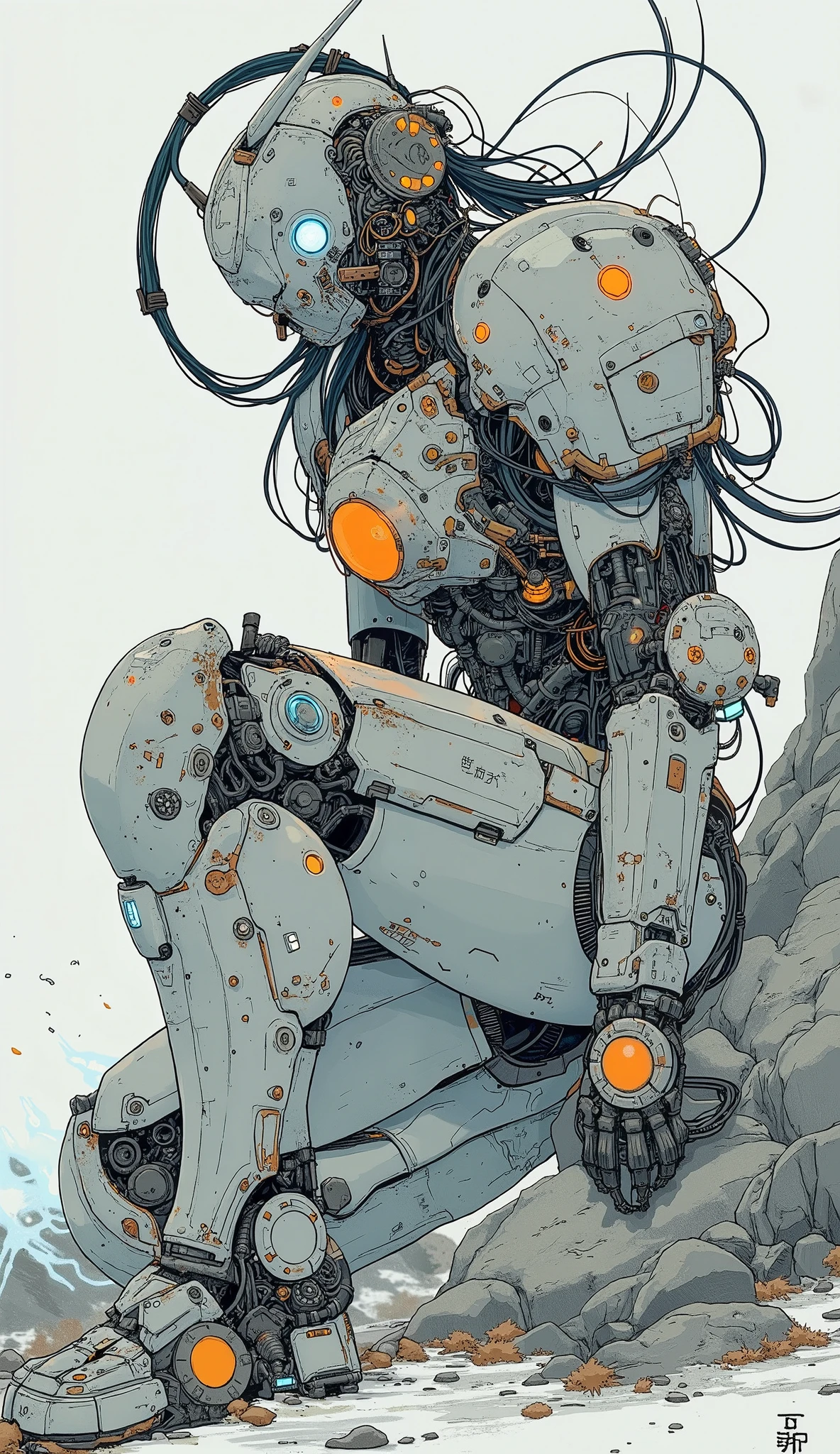 Futuristic, heavily armored robot soldier with advanced exoskeleton suit 、 Gundam Barbatos-like silhouette 、 Gundam Barbatos-like design with mixed mechanical and cyborg elements, dark, Rugged, battle-experienced exterior . The suit consists of metal plates , Complex wiring, numerous technical enhancements 、White and orange coloring 、 helmet is designed like Gundam Barbatos , The wiring that hangs from the helmet 、 looks like long back hair 、 angular design with white glowing eyes , giving it a threatening and advanced technological look . arms and legs are equipped with reinforced armor , hydraulic components , And multiple compartments ,Mr.々 blue luminescent lights and mechanical details that create a sci-fi vibe、 full body shot、 with big sword and shield、The parts of the exoskeleton of the whole body open up and blow steam out of the open、 on the ground with one knee