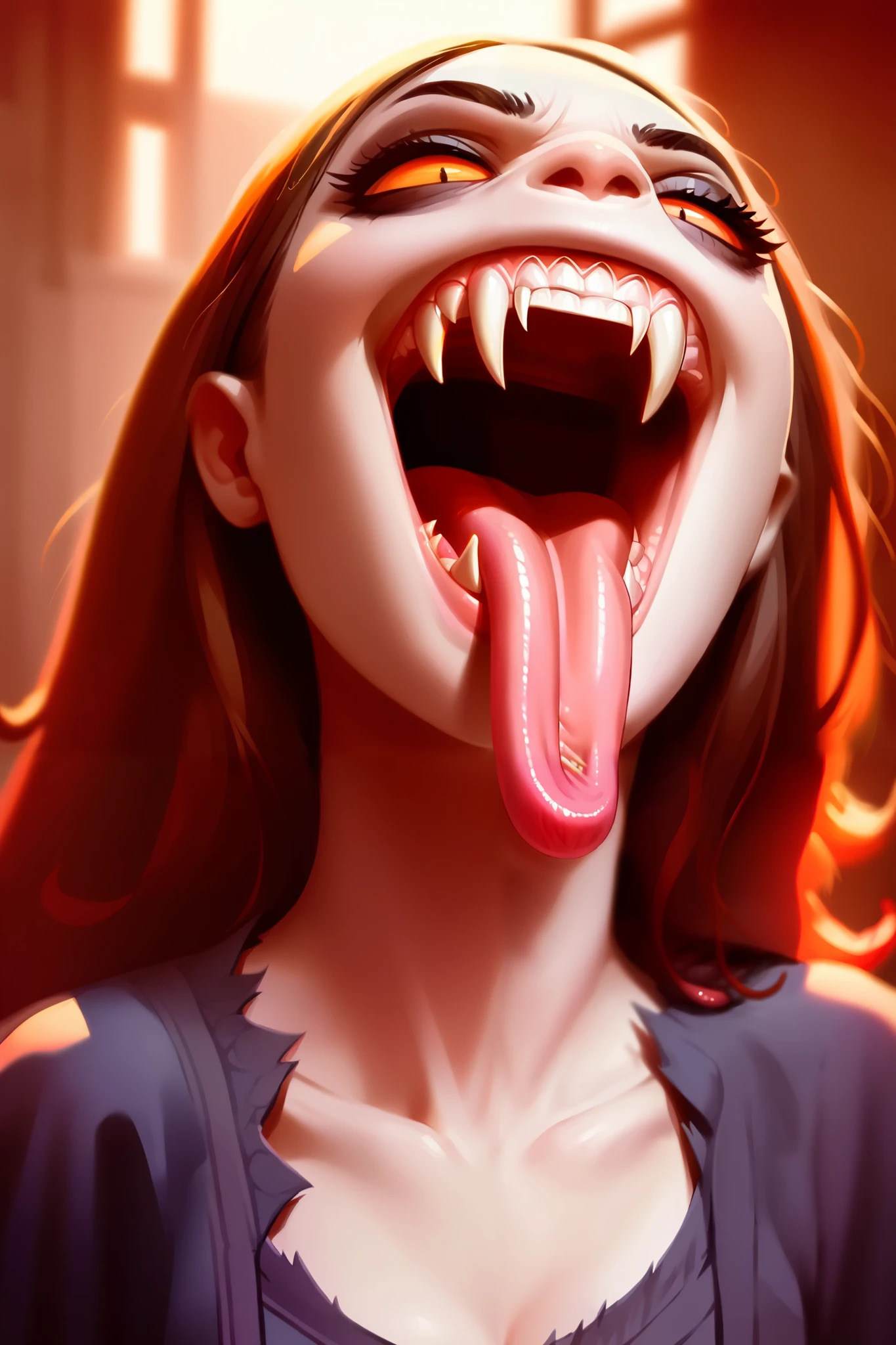 Score _9, Score _8_climb, Score _7_climb, Score _6_climb, Score _5_climb, , perfect fangs, sharp teeth, 1 girl, smileLong tongue , tongue split ,