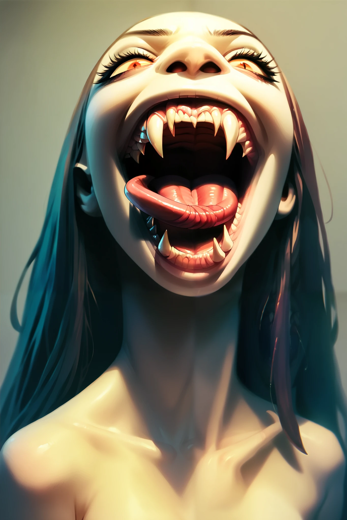 Score _9, Score _8_climb, Score _7_climb, Score _6_climb, Score _5_climb, , perfect fangs, sharp teeth, 1 girl, smileLong tongue , tongue split ,