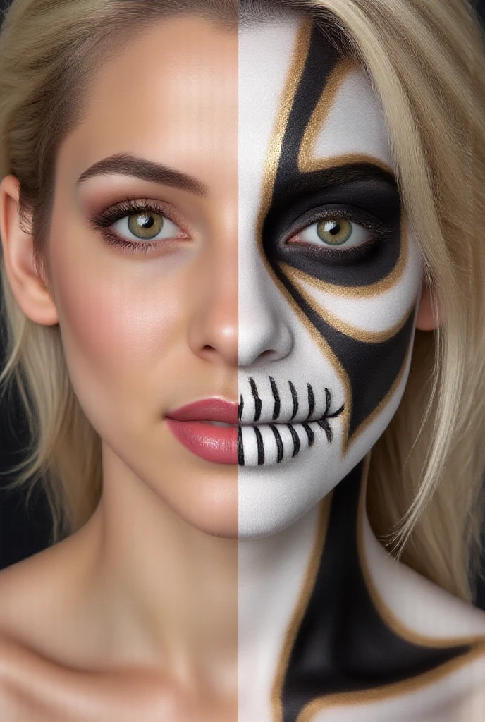 (nsfw:1.4), Female elf image , ( full body image :1.3), ( right half is black double line plaid body paint and face paint), (Left half is gold tribal body paint and face paint ), (The whole body is painted white), Silver Hair,( on the sofa), ( full body image :1.3)