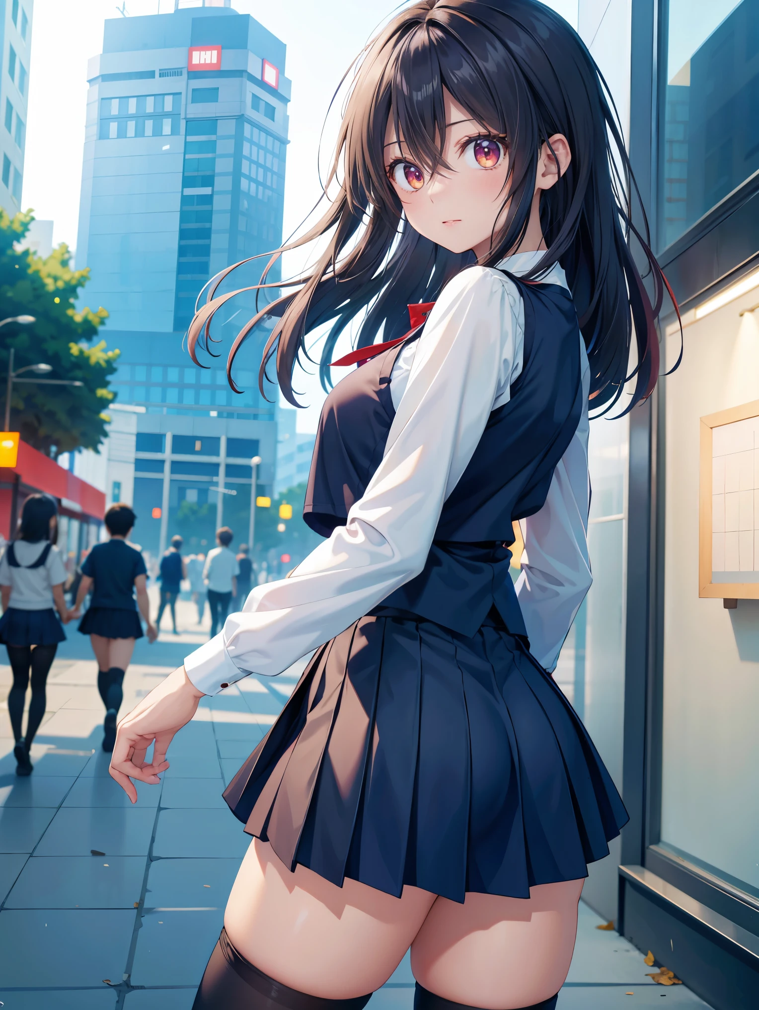 (8K, Raw photography, top-quality, masterpiece:1.2), 1girl in, 3 d,A dark-haired、The long-haired、posterior view、Japan short-sleeved sailor suit、Asian, School route、(Skirt swaying in strong wind:1.2)、A smile、Turned、dynamic motion