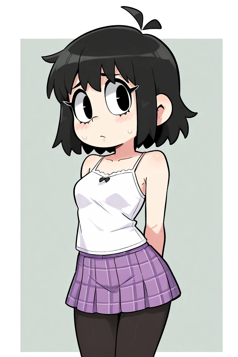 A girl with black hair, black eyes, wearing a white camisole, a purple plaid skirt and black stockings. The girl is curious. 