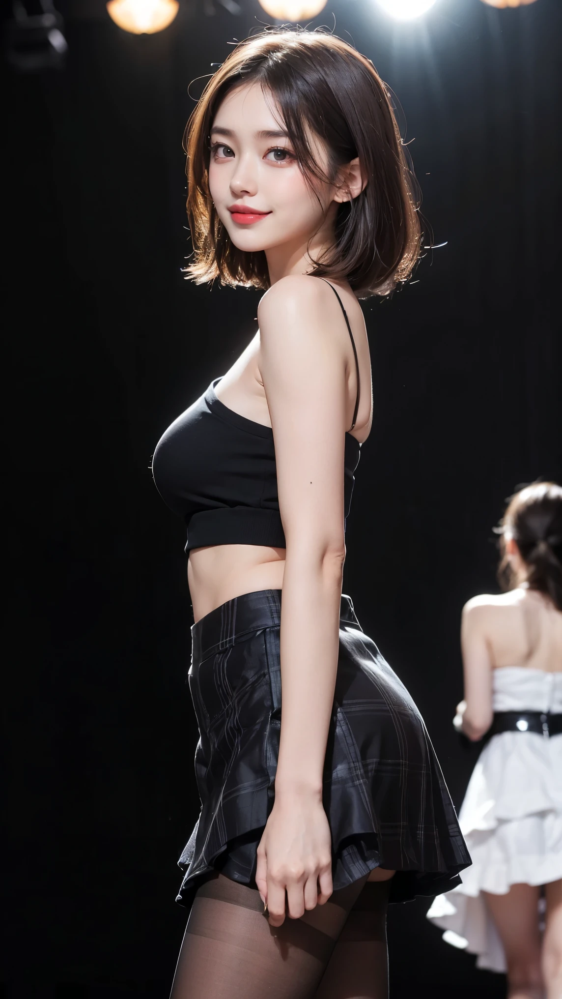 (RAW Photos:1.2), (Realistic:1.4),Beautiful detailed woman,非常にFine Eyesと顔, Fine Eyes, Very detailed,High resolution, Very detailed,highest quality,Consciousness upward,Unified,8k wallpaper,masterpiece,highest quality,1 female,alone,rich,Ezvian everywhere,(Slightly chubby)、(D cup breasts)、Cleavage,Thick legs,alone,((Black leather tank top:1.5))、(Black leather mini skirt:1.6),(short boots),jewelry, necklace ,short hair,A kind smile,A dignified atmosphere,black eye,Realistic,(The background is a modern office)、(Stand upright:1.4)、(With arms outstretched:1.5)