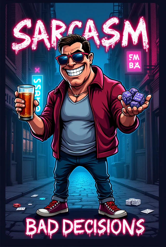 Dark, guy, baggy clothes, black tank top, mullet, smoking, night, neon lights, graffiti, skatepark, american