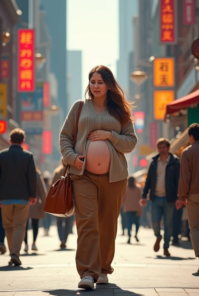 stock photo, extremely high quality, 8k, cinema style, (((whole body in picture))), 38yo attractive gorgeous elegant lady, Eleonora Pavinat, 9 months pregnant, gigantic and hevy pregnant belly, wide hips, sportive figure, very long hair, cozy, casual, film grain, analog, (gigantic saggy oversized breasts:1.8), cozy loose sweater, very long business skirt, high heels, explaining the way to an old man, both persons standing in a modern city, both persons shown from the side