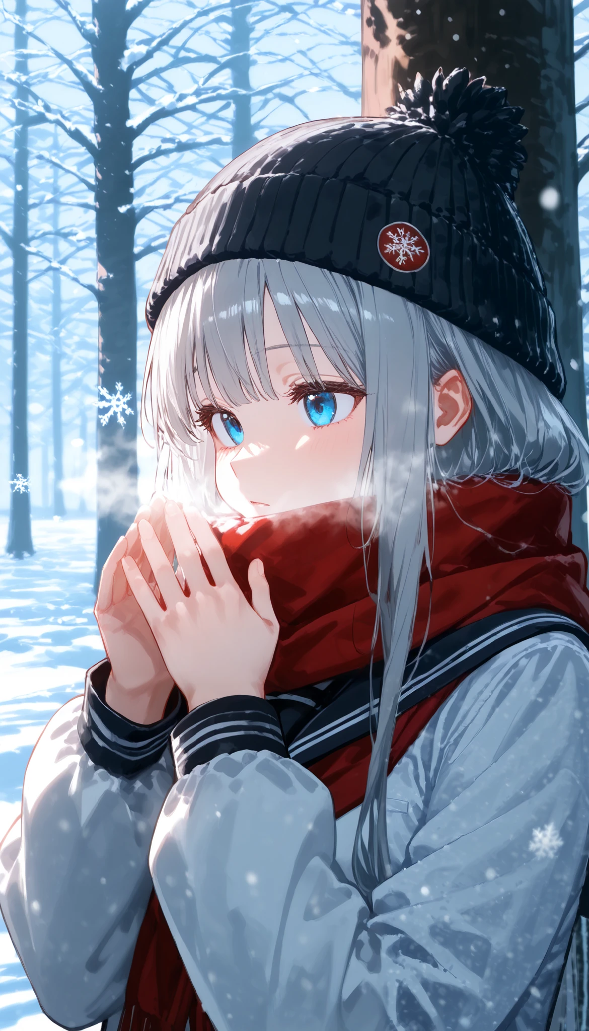 1 girl, blue eyes, long hair, Grey Hair , , çµç¹ , sailor collar, scarf, gradation shirt that Furakana has , Beanie, Long Sleeve, uniform, 学校のuniform, viewers, Outdoors, snow, Alone, tree, upper body, red scarf, breathe, black sailor collar, Emperor , snowflakes, winter