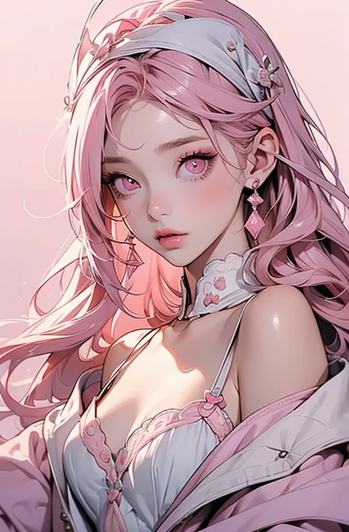 (masterpiece:1.2, best quality), (real photo, intricate details), solo, 1milf, house, close-up of face, dress, (front focus), large round earrings, jewelry, Look at me, slightly wavy hair, long hair, pink hair, layered hair, heart lips, big round eyes, small breasts