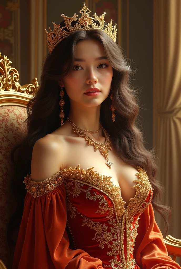 A red hair queen in an elegant dress, off shoulders, crown, necklaces, earings, at the palace, see and smile to the camera, ((ultra hd)), ((real skin texture)), 