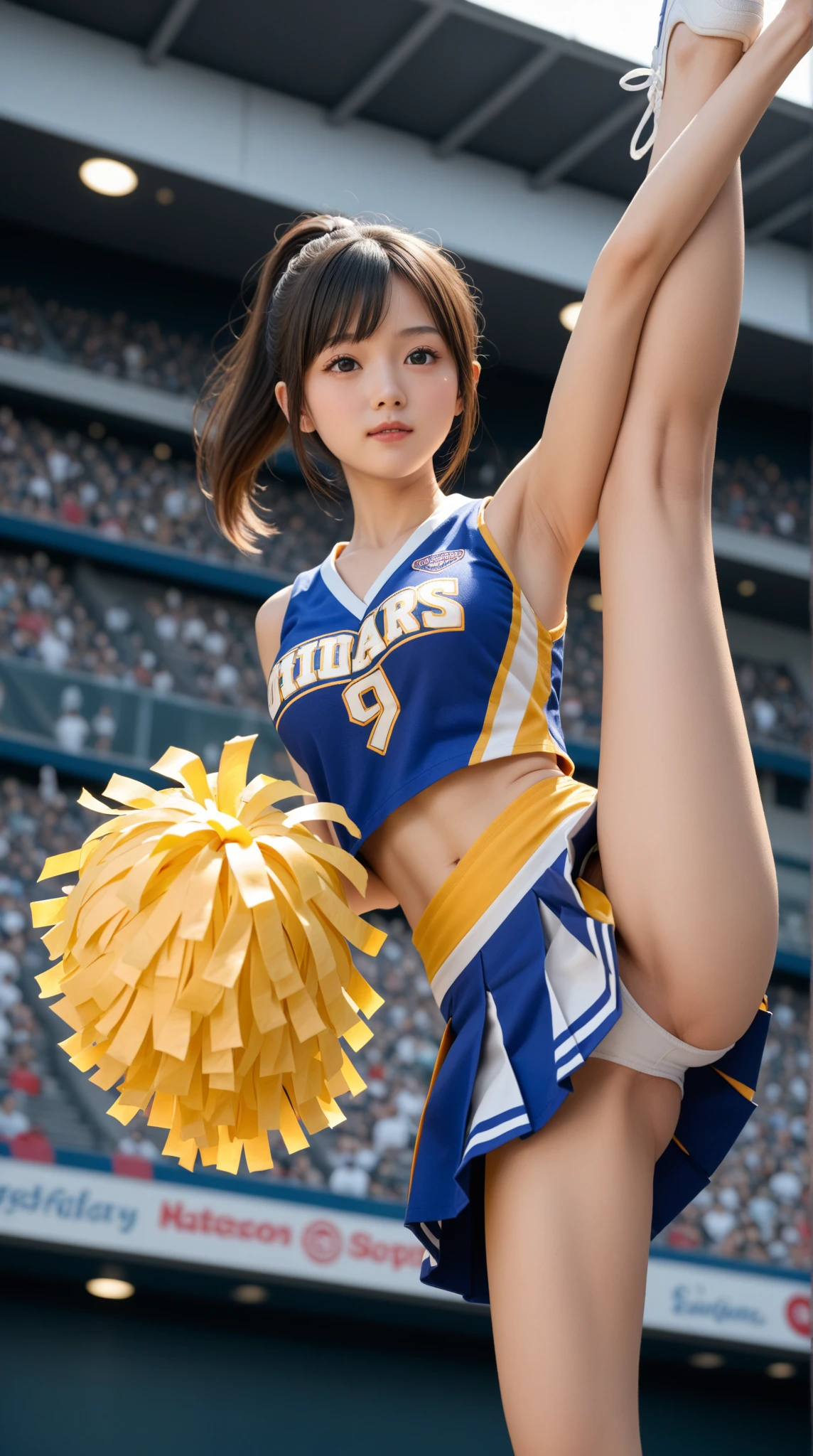 A very cute Asian cheerleader, standing splits 180degrees making legs ...