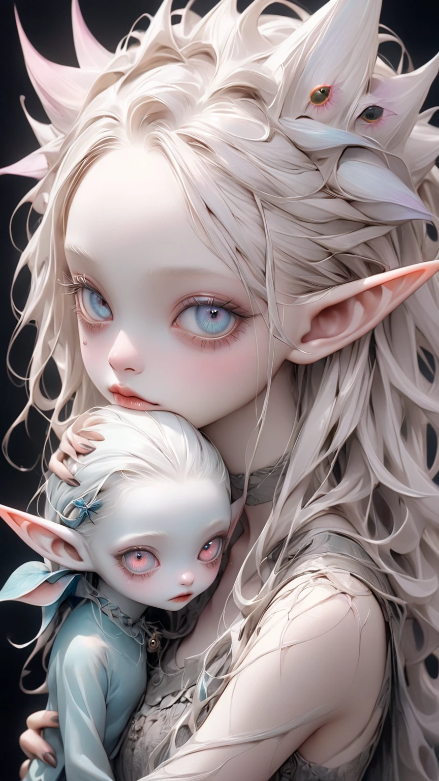 (((I want an elf child with dark skin, long white hair and detailed purple eyes, a childish and chubby body, wearing a dark blue dress with ruffles, Crying, hugging her mother)))