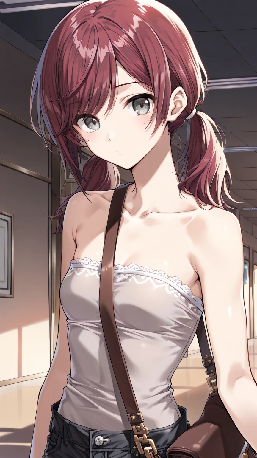 best quality, masterpiece, stoic,young woman, head tilt, upper body, close up, Gray eyes, dark red hair, swept bangs, low twin tails, white ribbons, black strapless shirt, jeans, small breasts, toned arms, from side, upper body, indoors, bottle, storage room,