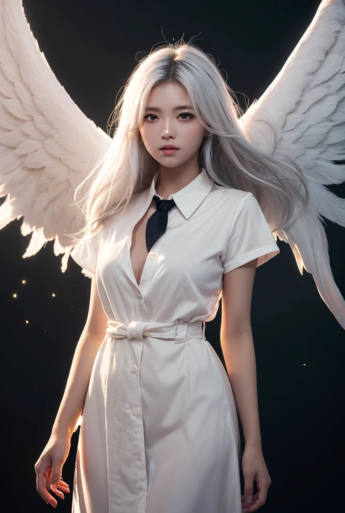 (front focus、perfect anatomy:1.5)、(Super detailed、16K quality、genuine skin: 1.6)、hyper genuineist、genuine.cinematic lighting、portrait、highly detailed face、1 beautiful thai girl、 （Beautiful 14 year old half Thai/japanese girl、smile:1.3）（medium straight blonde hair、big slit eyes)(Hair color that is a mix of blonde and flashy colors、eye shadow、eyeliner、green color contact lenses:1.5）（黒くsunburnした肌、black skin:1.8）sunburn、eyeliner、(well-shaped chest)red lips.break(Based on white or silver), 
(White dress style suit jacket.with White color shirt.:1.2),(White Office style wide trousers),(angel wings:1.5),break(early morning、Rooftop of an office building with dazzling morning sun、fence)(whole body.)