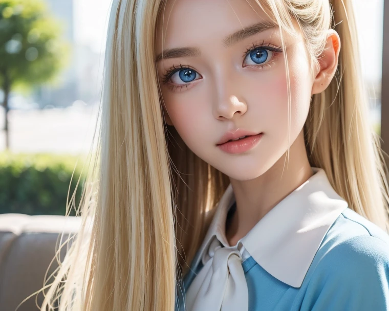 1 girl, The cutest girl、bright look、very messy blonde hair, Blond hair floating、Her bright, super long, straight blonde hair is dazzling with its golden shine.、very beautiful super long shiny blonde hair、very beautiful cute face、Sparkling Beautiful Skin、solo、super high quality、hard focus、film grain、ultra high resolution、masterpiece、Big eyes with sparkling lovely detailed crystal clear pale light blue、round face、small face beauty、Young shiny cheeks、Very beautiful long messy bangs over the eyes