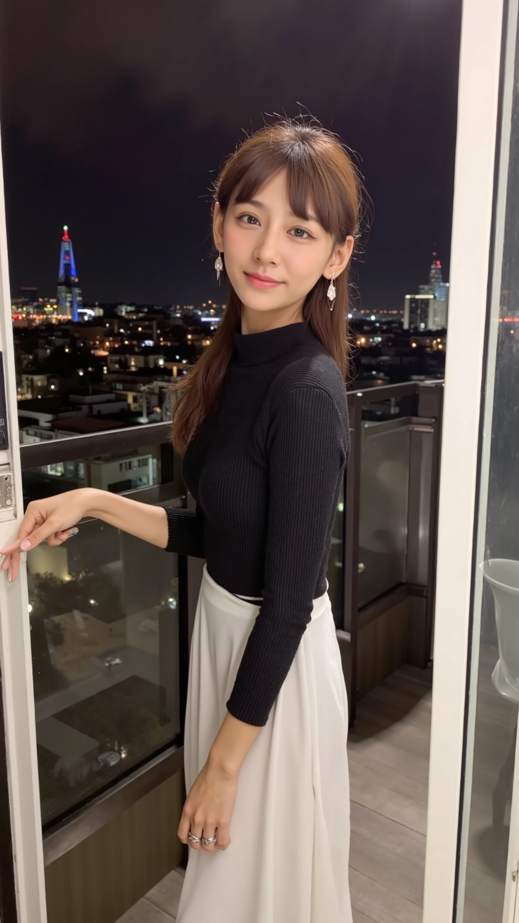 A married woman in her 20s is standing by the window at a hotel in Tokyo、 I'm wearing a black long sleeve knit with a tight turtleneck and my small breast bulge is conspicuous、I'm wearing a long white skirt、I have silver earrings on my ears、I have a ring on the ring finger of my left hand、Standing barefoot、She's staring at me with an embarrassed expression、There is a beautiful night view outside the window and the inside of the room is dim、 Photorealistic image showing the whole body in a composition seen from the front