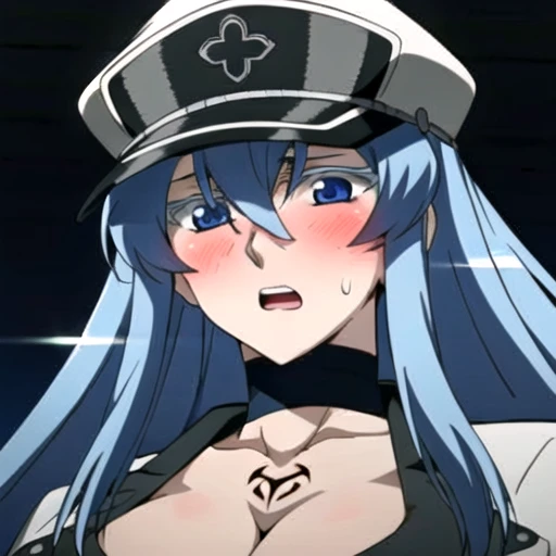 esdeath,
esdeath, girl, blue eyes, blue hair, long hair, smile, eyelashes,
bare feet,10 pack abs, choker, cleavage, collarbone, hat, bikini top, black tango panties,
looking at viewer, He sits with his legs apart,dutch angle, cowboy shot,(blushes 1.5), orgasm, hot, mouth ajar, saliva, underboob, horny