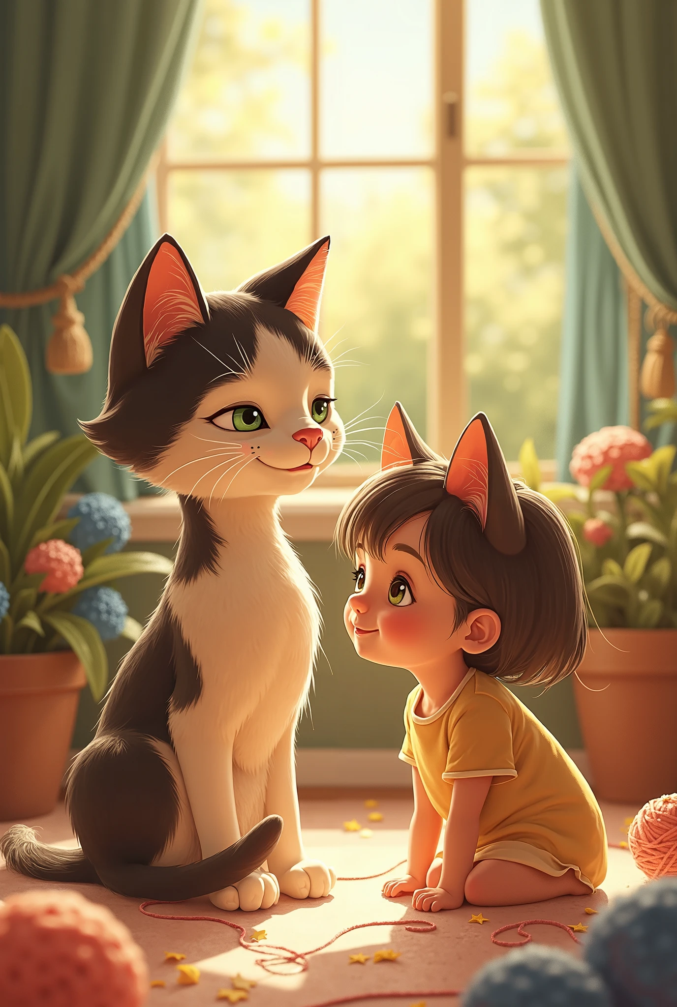 With a 3d Pixar Animation, A peaceful scene of a gray tabby cat sitting by a sunny window with the little cute girl and the , looking out at a blooming garden. The cat's expression is content and relaxed, with the warm light of a happy home surrounding her.
