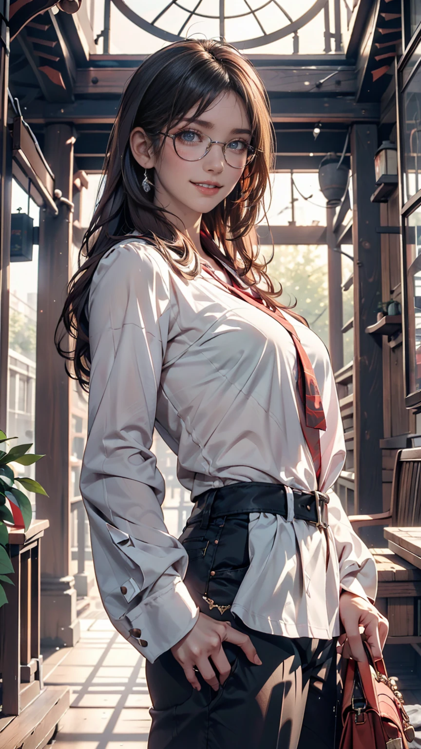 One girl, Intricate details, masterpiece, Highest quality, Very detailed,Cinema Lighting, Beautiful sparkle, Beautifully detailed face and eyes, 8k, Dark intense shadows, Yellow Eyes, Medium Hair, Black Hair, bangs, Floating Hair, Black jacket, Open jacket, White shirt, Expressionless, Yellow tie, Black Skirt, Spotlight, sunlight, sunrise, Gradient Sky, city, Lens flare, Cowboy Shot, [[Curvy]], [Mature Woman]