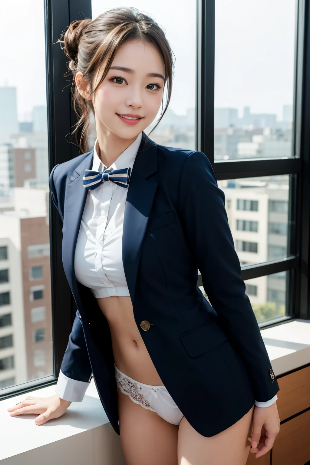 ((High school girl sitting at a table in the classroom))、The background is the classroom window.、Navy Blue Blazer、(White blouse)、Red bow tie、((Dark blue checked skirt))、8K,、Ultra-high resolution、Detailed Description、photograph,、Tabletop、Highest quality、((Beautiful Eyes、Short bob cut girl、Straight brown hair、White skin,、((Large bust : D Cup))、(((White blouseのボタンをはずしてオッパイを見せる)))、Various poses、((Center of chest : 1.1))、Highest quality、Tabletop,、Ultra-high resolution,、(Realistic:1.4)、RAWphotograph、(Perfect figure)、 (slim:1.3)、slimな腹部、Perfect slim figure、Dynamic pose、alone、Cold Light 12000K、(Realistic skin)、 charm、Ultra-high resolution、 超Realistic、Very detailed、(The wind blows up my skirt)、(smile)、 (Realistic skin)、charm、Ultra-high resolution、超Realistic、Very detailed、(The wind blows up my skirt)、(Lift up the skirt)、(White panties are visible)、(smile)、Cowboy Shot、((From below)),