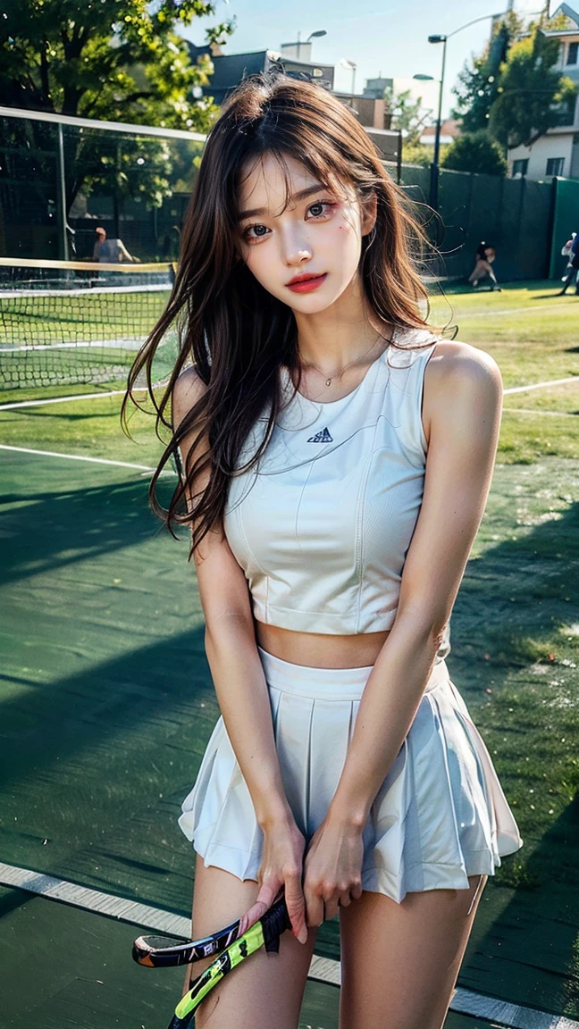 finely detail, hight resolution, hightquality、Perfect dynamic composition, Beautiful eyes, Tennis Wear,sports wear,Big breasts,Natural Color Lip,Kamimei、Shibuya、a 18 year old girl、1 persons、Transparent skin、Glowing hair、masutepiece, Best Quality, Illustration, Ultra-detailed, finely detail, hight resolution, 8K、The correct state of the human body、Randomly cute poses,beauty legs,Perfect beautiful face,KPOP Idol Face,Face that feels ecstasy,Background blur,Dress up as a random female model