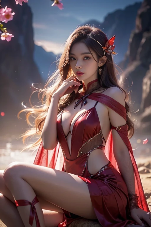 Girl, scarlet red and gold dress, topless, scarlet red hair, tiara, glove, chokes, ear wear, detailed hand, oval face, detailed face, smile, picture form top to knee, sexy pose, large breasts, fair skin, look at camera, camera from top, detailed, night, warm lighting, forest background, photorealistic, best quality