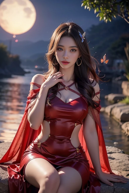 Girl, scarlet red and gold dress, topless, scarlet red hair, tiara, glove, chokes, scarlet red long sleeves, scarlet red veils, ear wear, detailed hand, oval face, detailed face, smile, picture form top to knee, sexy pose, large breasts, fair skin, look at camera, camera from top, detailed, night, moon, warm lighting, forest background, photorealistic, best quality