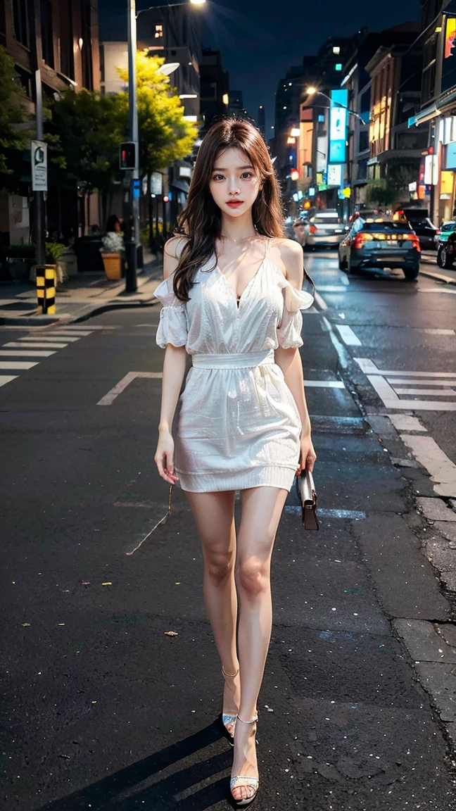 Masterpiece, 1 girl, waist up, faint smile, shiny skin, best quality, masterpiece, (realistic: 1.4), white dress, black stockings, background blur, focal length on person, (large aperture: 1.2), messy hair, earrings, japanese street, outdoors