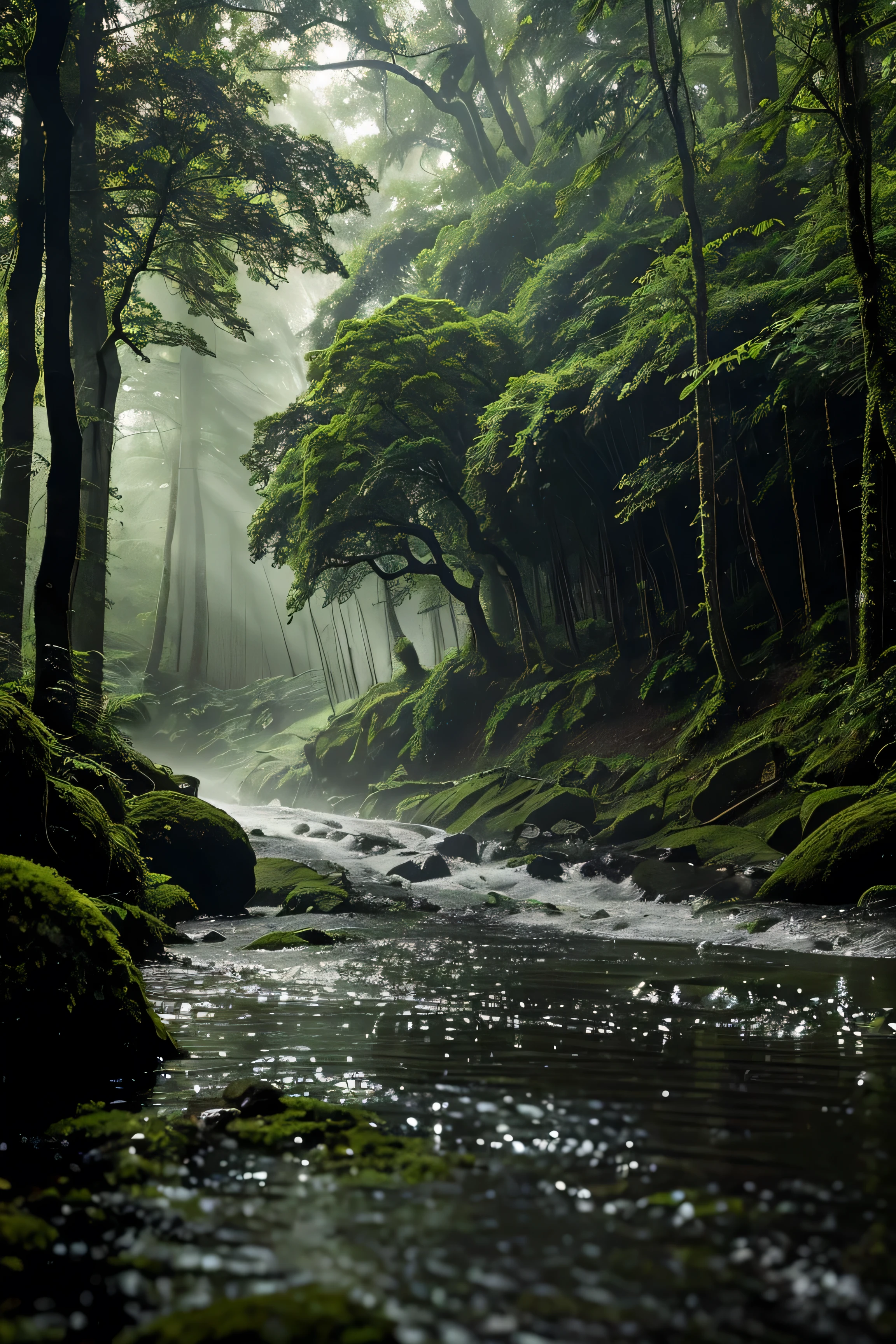 Green Hummer Under the Drizzle
The air is filled with the scent of wet soil , mixed with the freshness of the freshly touched leaves of the rain . This small forest is like a world at a standstill , only the sound of water drops accompanies the silence . Mossy old stones leaning under the lush trees , as if to be a silent witness to time travel . The mist hanging between the trunks of trees gives the impression of hovering, while the mountain in the distance stands majestically , half hidden behind a curtain of mist .