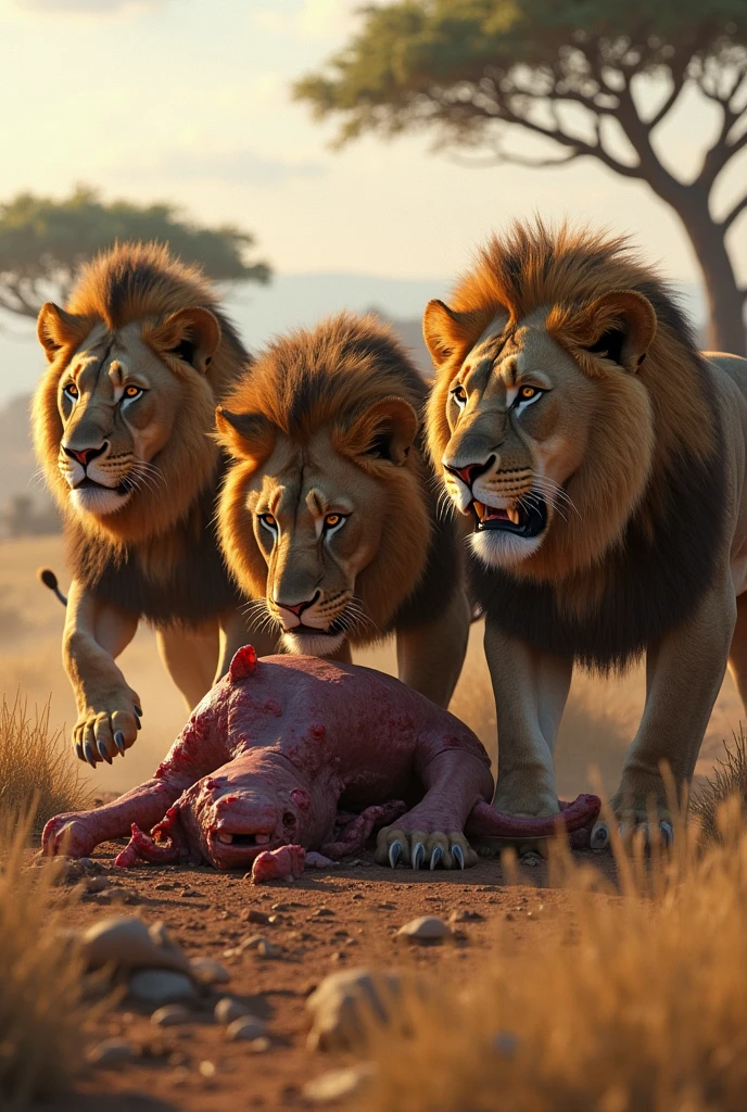 Two lions biting each other but a hyna eating a deer the lions hunted