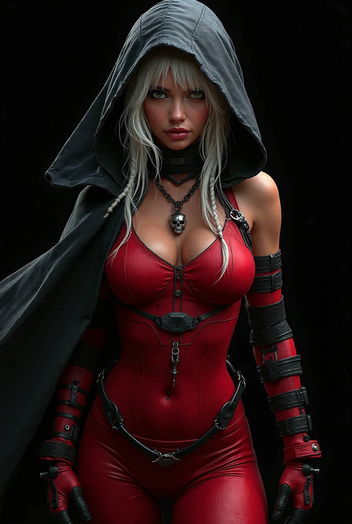 woman in a red hoodie and black leather outfit holding a sword, female rouge assassin, female vampire warrior, thief red riding hood, lady in red armor, castlevania witch, female assassin, evil sorceress, sylvanas windrunner, beautiful female assassin, jessica nigri, katarina from league of legends, cosplay on black harley queen, vampire queen