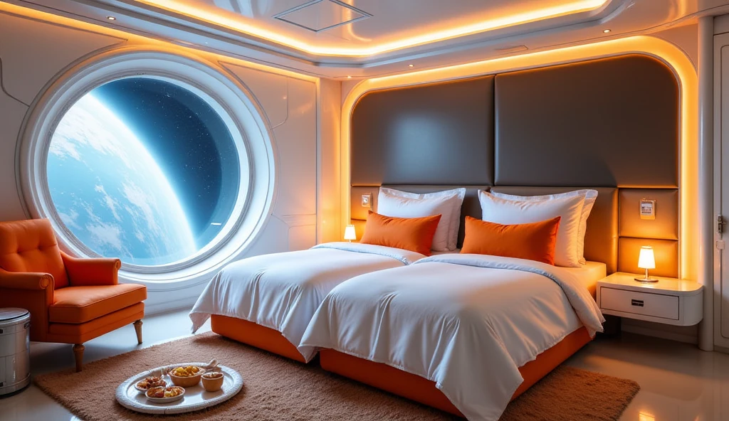 A luxurious futuristic space station bedroom with a sleek, high-tech aesthetic, designed for ultimate comfort in zero gravity. The room features two plush beds with soft white linens and vibrant orange accent pillows, seamlessly blending a retro-futuristic and modern sci-fi style. The walls are adorned with curved, smooth metallic surfaces, integrated with glowing orange ambient lighting that enhances the futuristic atmosphere. Large circular windows provide a breathtaking panoramic view of Earth’s blue horizon and deep space, creating a serene and immersive experience. The room is furnished with stylish orange chairs, sleek white and orange nightstands, futuristic lamps, and a snack tray with gourmet treats, adding warmth and personality to the space. The ceiling has an advanced, embedded lighting system, contributing to the cinematic, elegant sci-fi aesthetic