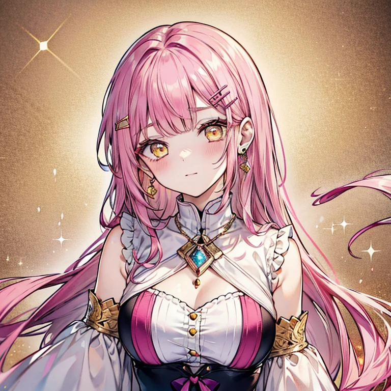solo, pink hair, peach eyes, sweet smile, subtle blush, large chest
