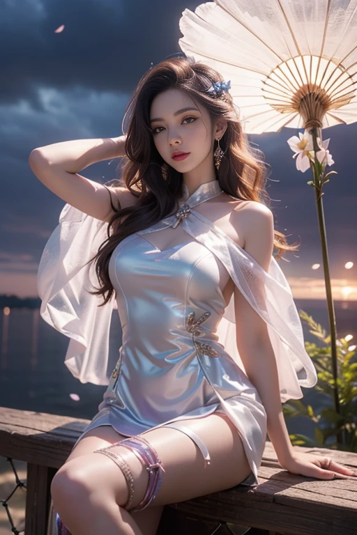 a lot of details, (slender waist), 30 years old, detailed black hair, beautiful detailed hair, super fucking beautiful, complex details beautiful and delicate eyes, perfect hands, (small breasts best quality), perfect and delicate limbs, detailed skin, best quality, ultra-detailed,
(full body:1.2), face towards the sky, sitting, Long hair, smiling, , white dress with gold decoration,(slutty long mesh dress:1.2), thighs, midriff,skirt,(see-through nipples:1.1), (see-through pussy:1.1),(pubic hair:0.9), finely detailed cloth, Cosmic background of nebula,
