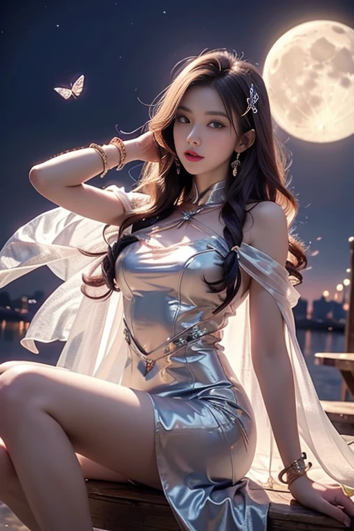 **Prompt:** Create an ultra-realistic 8K resolution image of Tsukuyomi, the Japanese moon god from Shinto mythology, reimagined as the ultimate magical girl while retaining the deity's iconic features. Tsukuyomi is depicted as a stunning magical girl with long, flowing silver hair that shimmers with a subtle luminescence, cascading gracefully down her back. Her eyes, a captivating silver, glow with the soft light of the moon, reflecting both wisdom and mystical power. nude
She wears an elaborate, moon-themed magical girl outfit. The dress is a blend of deep midnight blue and shimmering silver, designed with layers of flowing fabric that resemble the night sky. The bodice is adorned with intricate silver embroidery in the shape of crescent moons and stars, with a large, glowing moon crystal embedded in the center. Her skirt is flared and layered, each layer representing different phases of the moon, with sparkling silver accents. nude
Her accessories include silver crescent moon earrings, a tiara shaped like a crescent moon resting on her forehead, and a flowing cape that sparkles with tiny stars, giving her an ethereal, otherworldly presence. She wields a magical staff topped with a large crescent moon, glowing with an inner light, and surrounded by floating, silver stars. nude
Her expression is a perfect blend of determination and serenity, with a slight smile that conveys her confidence in her magical powers. The background shows a mystical night sky filled with stars, with the full moon shining brightly behind her, casting a soft glow over the entire scene. Floating in the air around her are sparkling silver orbs, representing her magical abilities, creating an atmosphere that is both powerful and enchanting, capturing the essence of Tsukuyomi as the ultimate magical girl. nude
