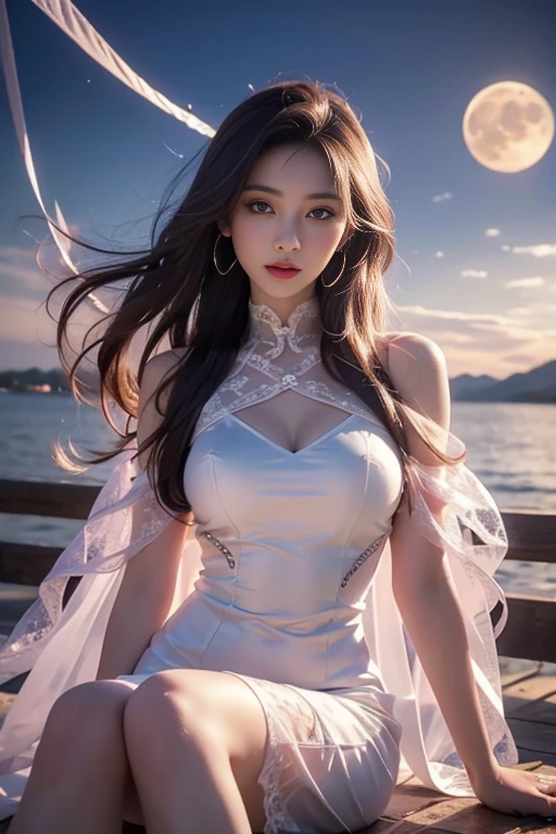 Mini skirt, ((gufeng,Bare shoulders)), ((whole body)), Practical, Rob a girl, red lips, Become a, cosmetic, big eyes, beautiful eyes, ((whole body)), ((from below)), (best quality, masterpiece:1.2), Extremely detailed, (Practical:1.37), ((Sexy long legs)), beautiful, young, Glamorous model (delicate eyes, Detailed lips, extremely delicate eyes), Show a bright smile, Create stunning girl images, Warm colors, Extremely high color saturation, Official Art, Extremely detailed CG unified 8k wallpaper,(High Dynamic Range :1.4), (Movie),(Soft colors, dull color, Soothing Tones :1.3), (Natural skin texture, ultra-Practical, Soft Light, sharp),(Very detailed), night, moonlight, ((In the mountains, plant, Leaning against the rocks))