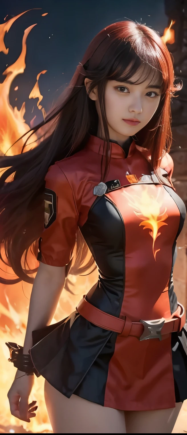 Fancy Idol Girl ( Burning Red Black Hair)、A pure girl's face、 hypo、、 Flame Uniform ( tight miniskirt)、Fire Belt 、、 Glowing Pillar of Fire