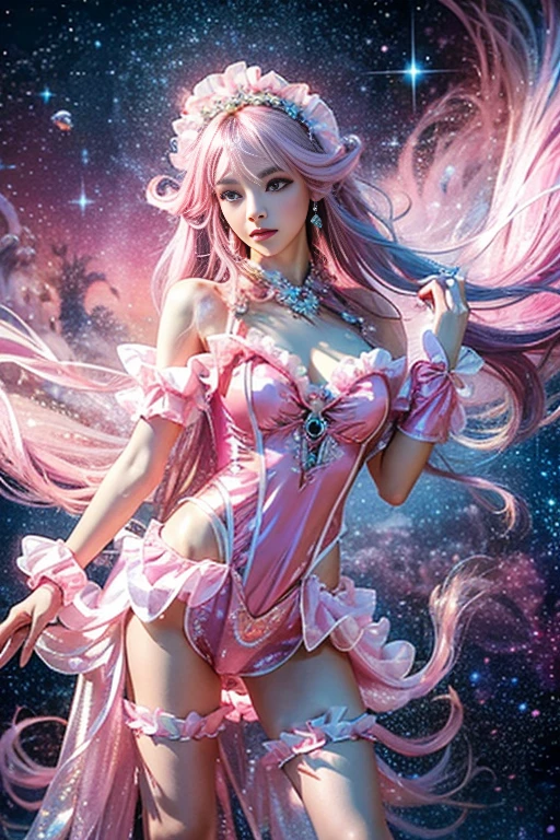1girl with long pink hair, violet red eyes, two small horns on head, short black dress, big breasts,