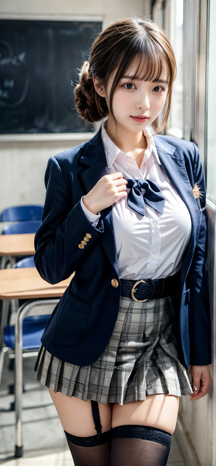 masterpiece, best quality, illustration, Super detailed, fine details, High resolution, 8K,wall paper, perfect dynamic composition,(Details High quality, realistic depiction of eyes:1.3), from side, High School Classroom、High school girl uniform、blazer 、Super Short Check Uniform Skirt、Navy blue high socks、garterbelts、plump breasts, Disturbed uniform,  (updo:1.2), black hair color, large breasts, Big Natural Color Lip, bold sexy pose, (perfect body shape), crying a little、20 year old girl、cute type, beautiful legs, hposing Gravure Idol, Voluptuous thighs、セクシーポーズ:2.0