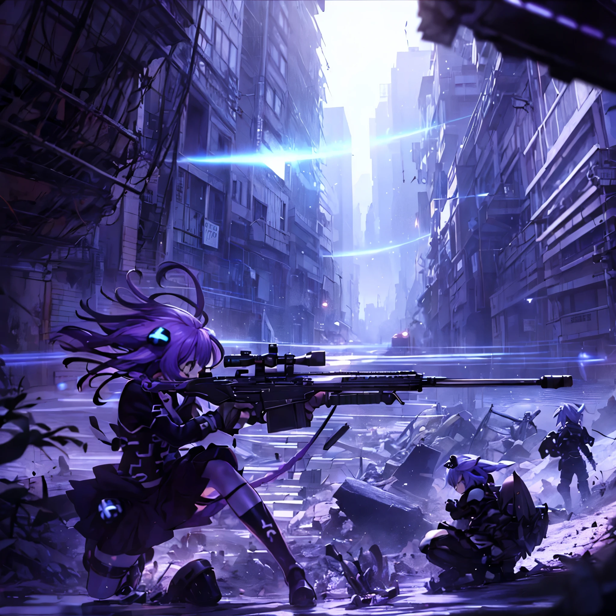Neptunia with long purple pigtails, serious face. Is in a war-torn city. foreground ,