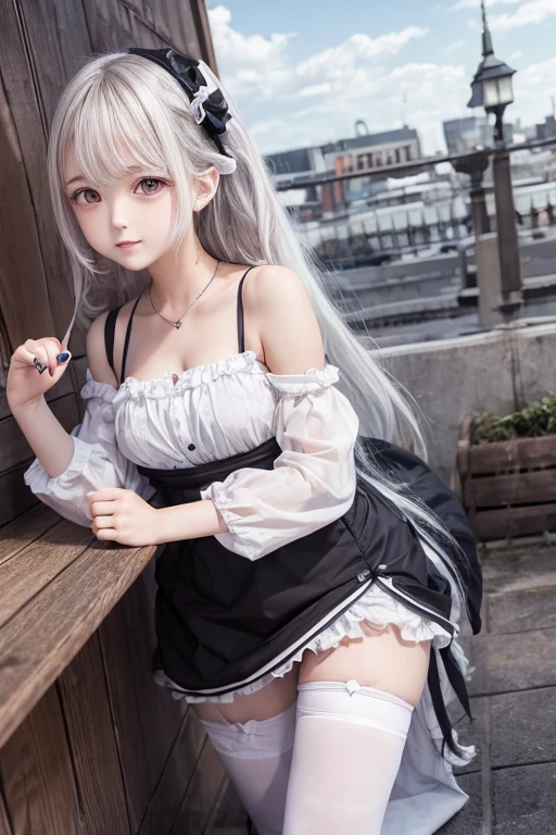 long white hair,eBlue eyes,She wears a pleated skirt,upper body bare,Japanese anime -yeld beiful girl wears white knee-length stockings on one leg,Wear black knee-length socks on the other leg,No shoes on,The legs are slender,Full body photo --auto