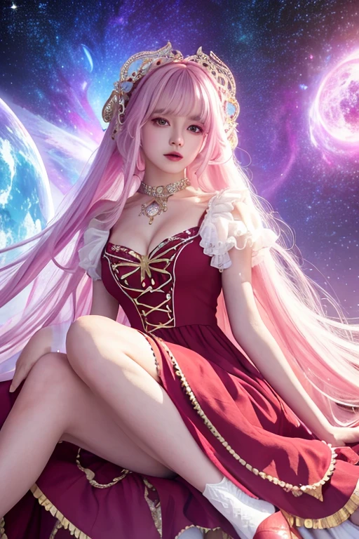 Girl, silver and pink uniform, pink hair, wear tiara, wear glove, detailed hand, round face, detailed face, parted lips, picture form top to knee, sexy pose, big chest, look at camera, camera from top to bottom, detailed, photorealistic, best quality, night sky background