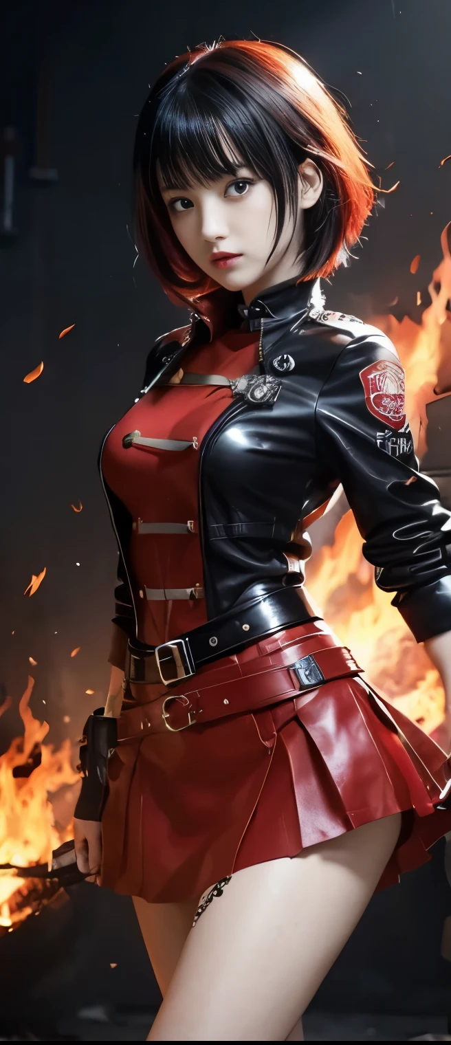 cool punk idol girl（ Burning Red Black Hair）、A pure girl's face、 hypo、、 Flame Uniform （ tight miniskirt）、Fire Belt 、、Skeleton flame that emits light