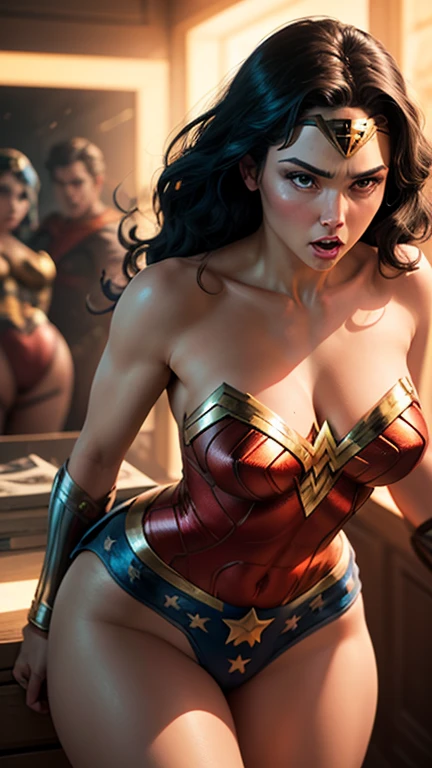 ((vestindo um traje da Superheroina Wonderwoman, MILF, mami, com 50 anos de idade))、mulher bonita, idade 50 anos, with visible slender abs:1.4、Pacote ABS Six:1.4、Busto de Botox、((Ponta saindo、the areola protrudes、the shape of the pubic area is clearly visible))、(Totalmente amarrado com uma corrente)、Containment、escravo、gargantilha、sneer、((gritando de dor, tears flow、choro de dor))、sweating、(( Presos no mercado de escravos. impotente amarrada pelos pulsos e tornozelos com correntes. Escravizados e abusados. Feeding with fishing net and garter belt and wearing a donkey-collared harness around the neck. Ela grita e grita, bursts into tears ))Wet、nublado、((acorrentado))、((Grande destaque das redes))、((Barra de ferro na virilha))、((hands above head chained to ceiling))、(Sem pantie、no-bra)、Trajes desafiados, Sucata、There's mud on the face、Blood is splattered、real、(hematoma、sujo、roupas rasgadas、roupas desleixadas、sangue:1.3)、cabelos escuros、cabelo longo、pelos pubianos、pelos nas axilas, capa rasgada、torn pantyhose、pernas longas、Metal shackles、The ankles are chained to the floor, A necklace of ticks on the neck chained to the ceiling、Wet crotch is clearly visible、atirando de baixo、Anatomical、(futuristic sci-fi battle fashion、Cotovelo e joelho trincados cyberpad, 、((squatting, ankles chained to the floor)) 、The slave market is tense. barefoot.