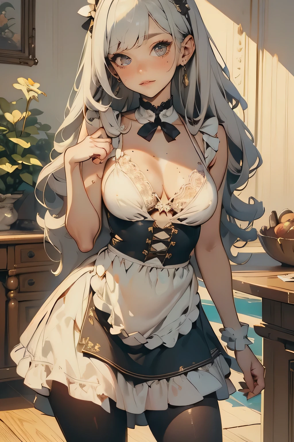 Masterpiece, highest quality, in ultra high quality, 1 girl, Alone, young and long haired, curly hair , gray hair, blunt bangs, small breasts, neutral, kind smile, Older sister, Victoria is wearing a morning style white dress, Maid, Woman Holding Victorian Dress, apron, leggings, black pantyhose with large swords planted, place your hand on your lower back, detailed hands, white background, simple background , Western shot, sensual, sexy, Fascinating Lips,