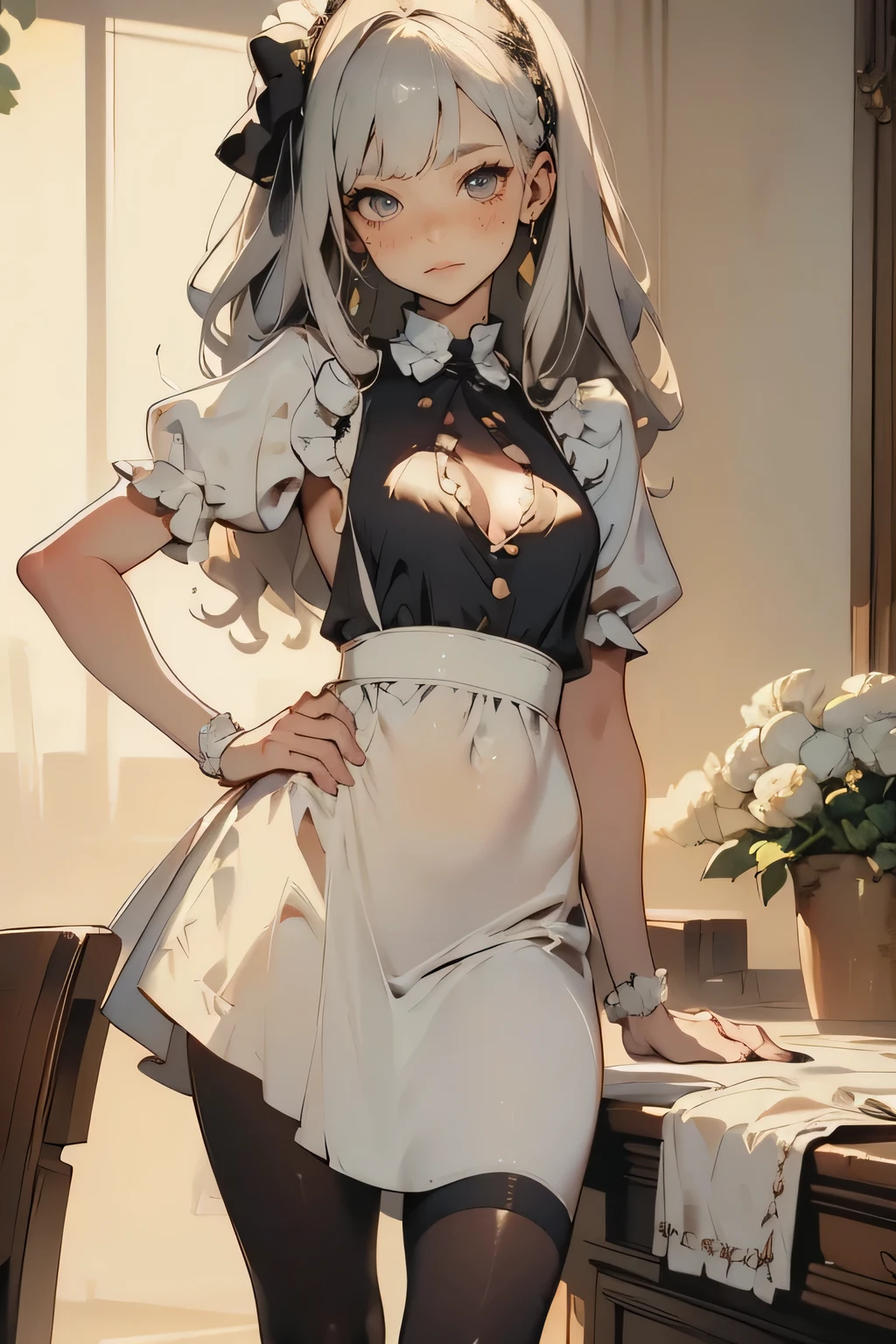 Masterpiece, highest quality, in ultra high quality, 1 girl, Alone, young and long haired, curly hair , gray hair, blunt bangs, small breasts, neutral, kind smile, Older sister, Victoria is wearing a morning style white dress, Maid, Woman Holding Victorian Dress, apron, leggings, black pantyhose with large swords planted, place your hand on your lower back, detailed hands, white background, simple background , Western shot, sensual, sexy, Fascinating Lips,