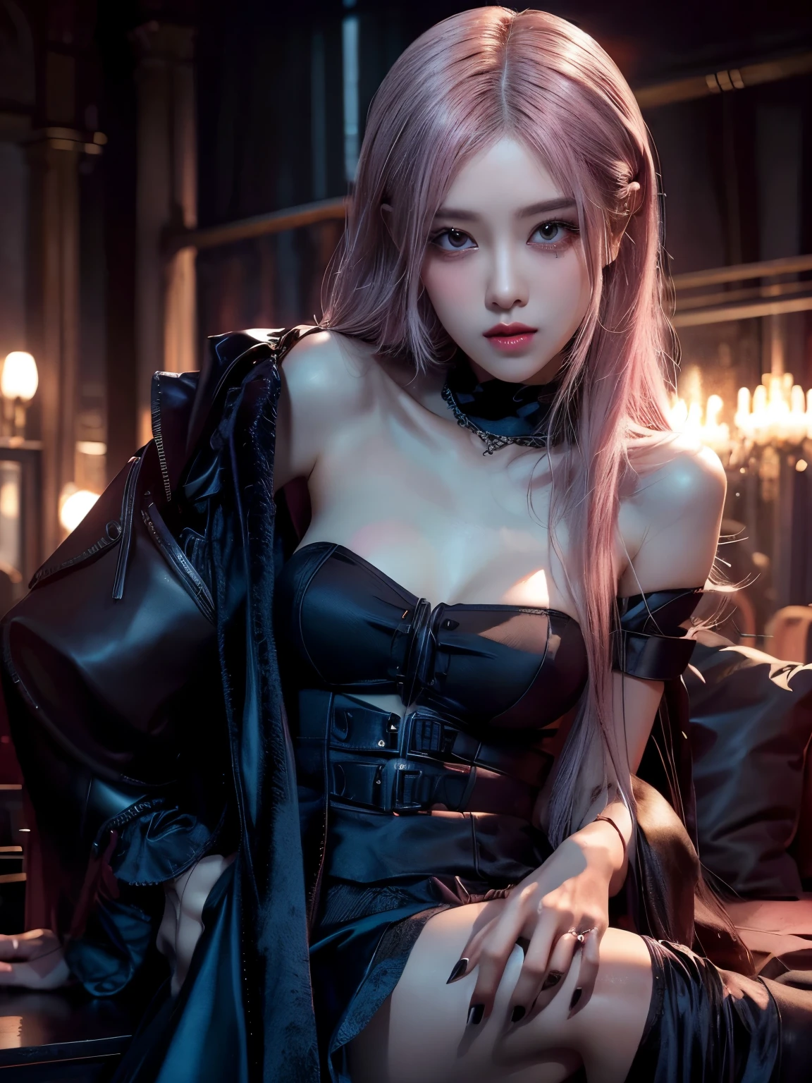 Princess of Darkness,pink hair,busty,Glamour,Gorgeous,Jewelry,monochromes,Gothic goddess,Dark Fantasy,Dark Venus,erotic posing,Dynamic Posing,Dramatic,Cinematic,Detailed background,Gothic background,Dark fantastic view,Best Quality,masutepiece,8K,The ultimate detailed dark background, Top image quality、RAW photography、超A high resolution、show legs,cropped shoulders,close-up all over the body,Be red in the face,overall look is very erotic。(Hand optimization),(Details are strengthened),(High Picture Quality) An 18-year-old female、Shot for one person only、model shoot、medium breasts、Wearing a black skirt、Beautiful Eyes of Details、Very slender eyes、Beautiful eyelashes、beautiful double eyelid、Very slim physique, Shy, with blush cheeks, Show off