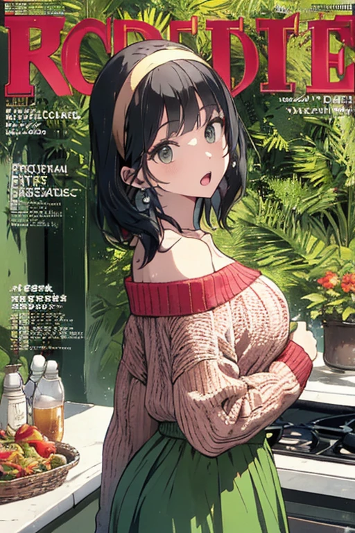 (small breasts:1.3), (perky chest:1.1), (pointed chest:1.0), (Pudding cake magazine cover:1.3),(from above:1.0),(from side:0.9),masterpiece, 1girl, Amazing Cleavage:1.1, thin waist, big ass, Raised sexy, small breast: 1.3, posed cleavage:1.2、solo, looking at viewer, open mouth, have a cute grass of cute beergrass,black hair, dark green eyes, dress, bare shoulders, jewelry, collarbone, sidelocks, hairband, earrings, indoors, off shoulder, :o, sweater, arms behind back, plant, short hair with long locks, gild hairband, off-shoulder dress, sweater dress, off-shoulder sweater, red sweater, dark gord hair, big side hair, very long side hair,is rendered in (masterpiece: 1.2, best quality), with (ultra high resolution) and an exquisite (depth of field). This masterpiece is not only visually stunning but also tells,A scene of cooking in the kitchen by classroom